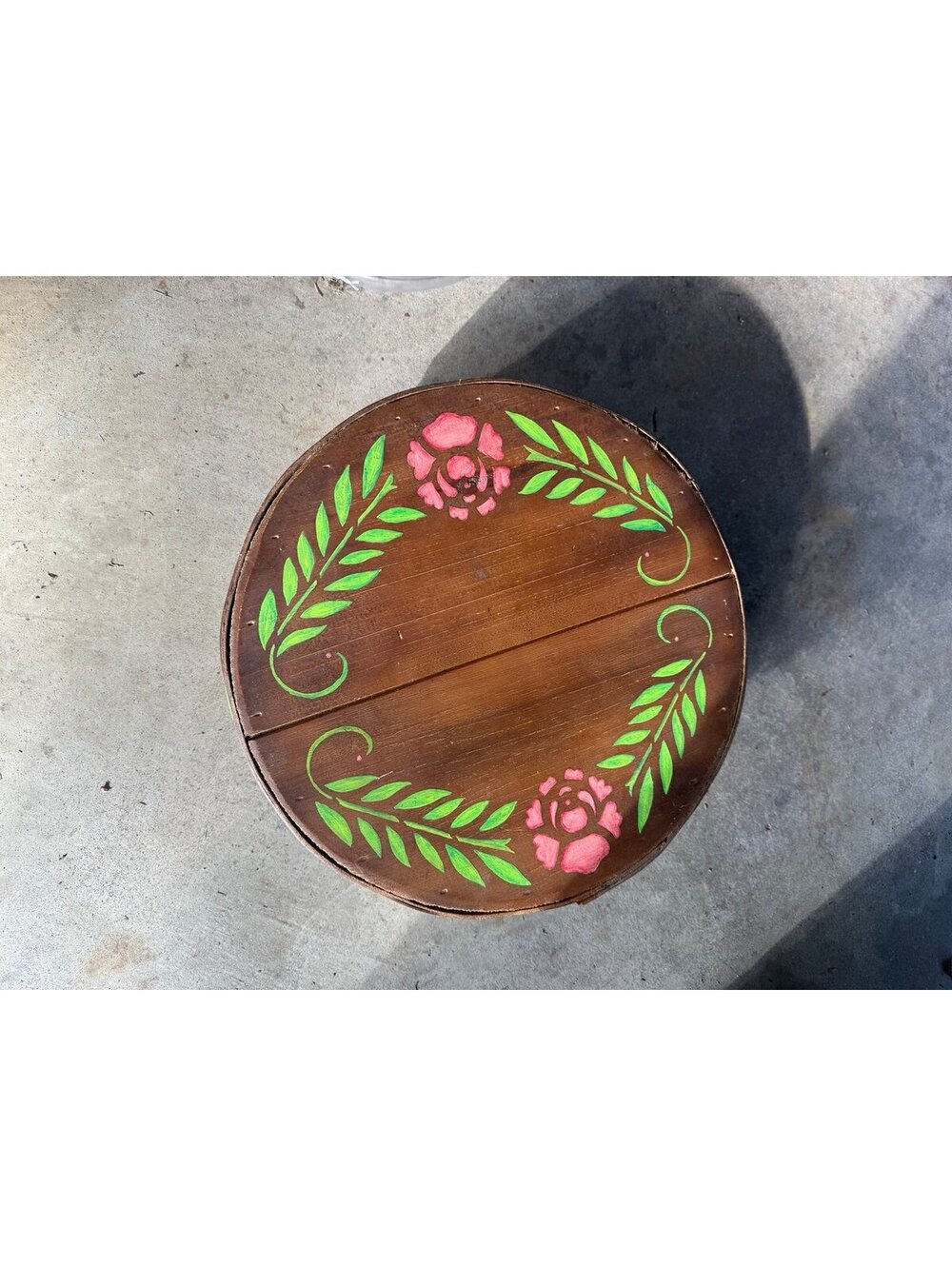 Vintage Round Wood Lidded Cheese Box Painted Flowers Folk Art Large 15"